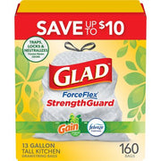 Glad ForceFlex 13-Gallon Kitchen Trash Bags, Gain Original Scent + Febreze, 160 ct.