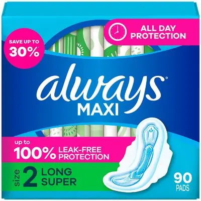 Always Maxi Long Pads, Unscented, Size 2, 90 ct.