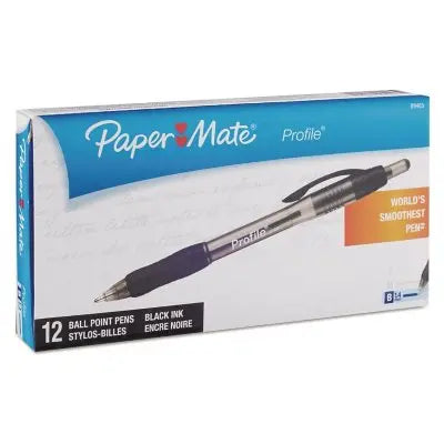 PaperMate Profile Kugelschreiber, einziehbar, kräftig 1,4 mm, schwarze Tinte, durchscheinendes schwarzes Gehäuse, Dutzend