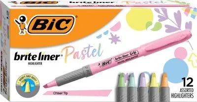 BIC Brite Liner Grip Pastel Highlighters, Chisel Tip, 12 Count