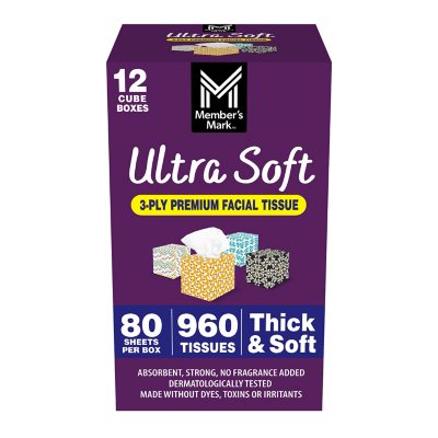 Member's Mark Ultra Soft 3-lagige Kosmetiktücher, 12 Würfelboxen, 80 Tücher/Box