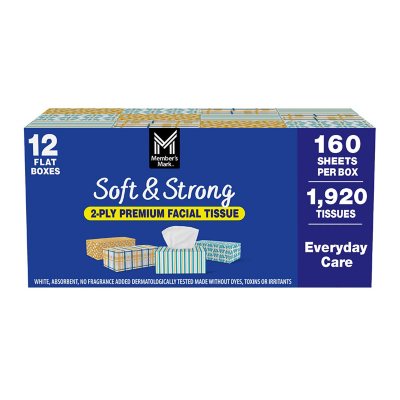 Member's Mark Soft & Strong 2-lagige Premium-Gesichtstücher, 12 Flachboxen, 160 Tücher/Box