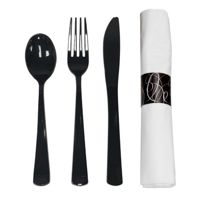Party Essentials Serviettenrollen-Taschen-Set mit schwarzem Besteck (4 x 25 Stück Packungen, insgesamt 100 Stück)