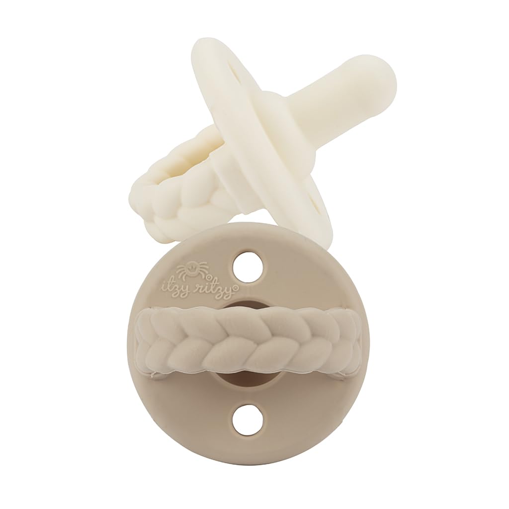 Itzy Ritzy Silicone Pacifiers for Ages 6-18 Months - Itzy Soother Pacifiers Feature Collapsible Handle & Two Air Holes for Added Safety; Set of 2 in Toast & Buttercream, Ages 6-18 Months