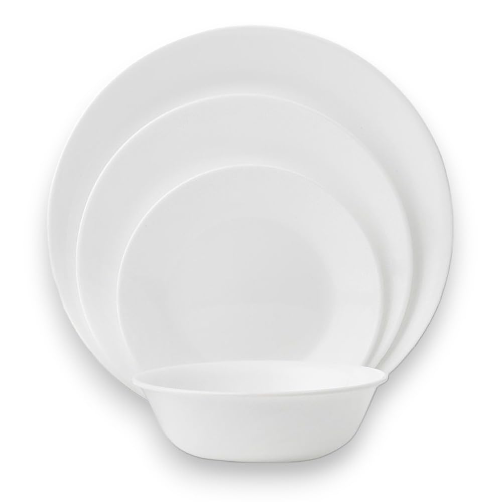 Corelle Vitrelle 18-Piece Service for 6 Dinnerware Set Triple Layer Glass and Chip Resistant, Lightweight Round Plates and Bowls Set, Winter Frost White
