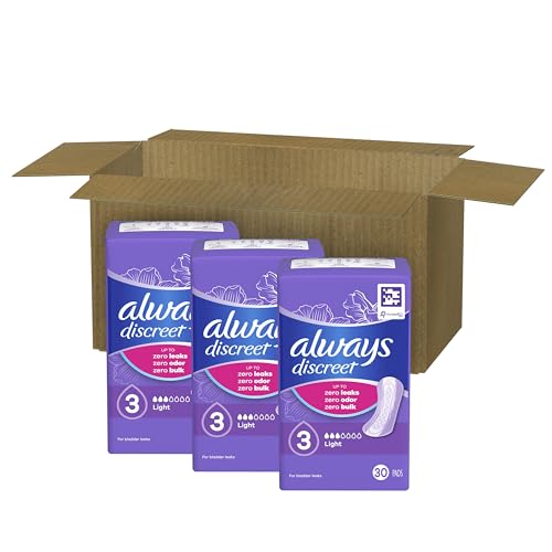 Always Discreet Adult Incontinence Pads for Women, Light Absorbency, Regular Length, Postpartum Pads, 30 Count (3 Packs of 30)