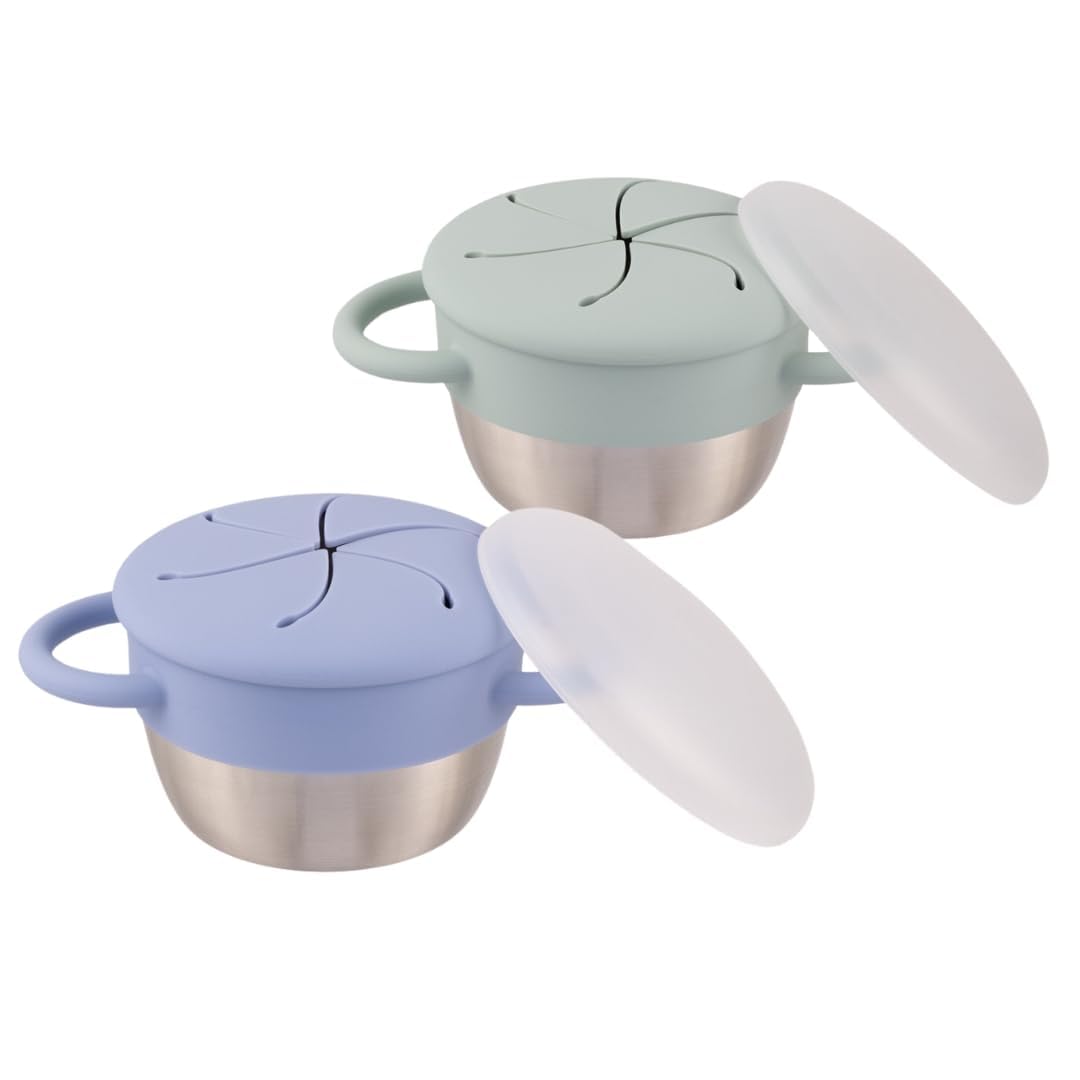 Elk and Friends Stainless Steel Snack Cups | Removable Silicone Food Catcher and Travel Lid | Spill-Proof Snack Containers for Baby, Toddler, Kids | Dishwasher Safe | 2 Pack