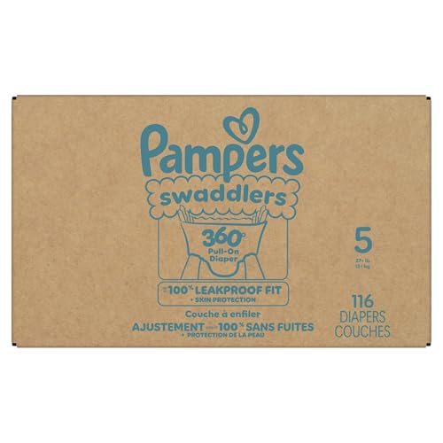 Pampers Diapers - Swaddlers 360° - Size 5, 116 Count, up to 100% Leakproof Comfy Dry Fit, Designed for Easy Changes, Pull On Baby Diaper (Packaging May Vary)