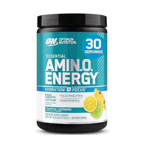 Optimum Nutrition Amino Energy Powder Plus Focus, with BCAA, Electrolytes, and Caffeine, Tropical Lemonade, 30 Servings (Packaging May Vary)