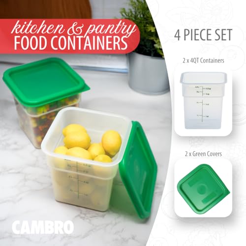 Cambro Food Storage Container with Lid (Microwave Safe and BPA-Free) - 2 Pack - Classic Series Square with Green Lid - 4 QT (Quart) - Commercial Grade for Food Prep (Translucent)