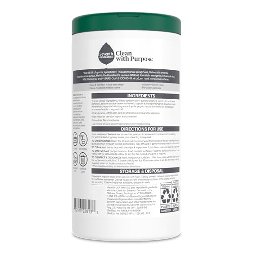 Seventh Generation Disinfecting Multi-Surface Wipes, Lemongrass Citrus, 70 Count, Pack of 3 (Packaging May Vary)