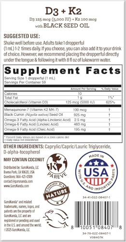 GuruNanda Black Seed Oil, Cold-Pressed Nigella Sativa - Rich in Vitamin D3 5000 Units, K2 & E, High Thymoquinone | Potent Antioxidant for Immune Support, Non-GMO, 2 Fl.oz
