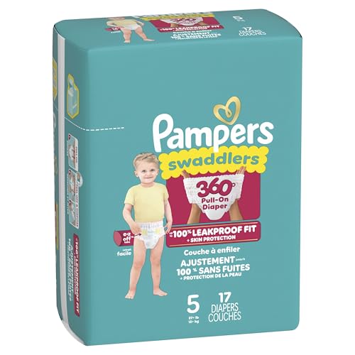 Pampers Diapers - Swaddlers 360° - Size 5, 17 Count, up to 100% Leakproof Comfy Dry Fit, Designed for Easy Changes, Pull On Baby Diaper