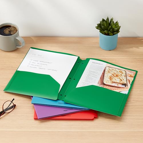 Basics Plastic 3 Hole Punch Folders with 2 Pockets, 8.5 x 11 inches, Pack of 12, Assorted Color