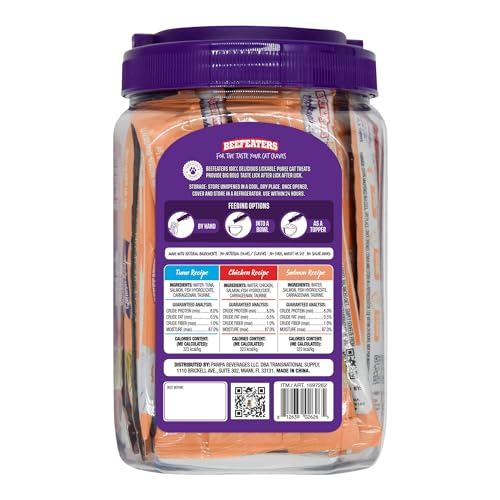 Beefeaters Cat Treats Variety Pack Lickable Puree 48ct – Salmon, Tuna & Chicken, Grain-Free, Taurine-Enriched, Ideal for Training & Interactive Feeding