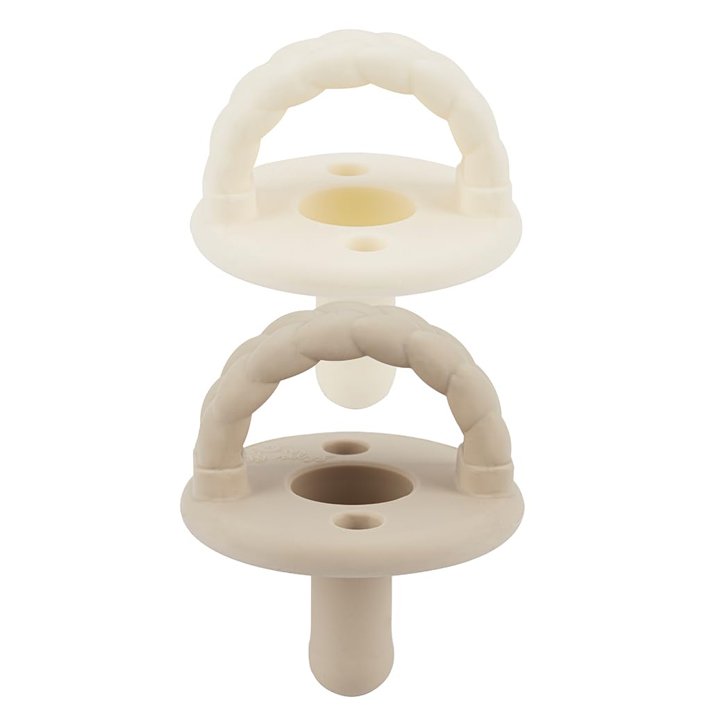 Itzy Ritzy Silicone Pacifiers for Ages 6-18 Months - Itzy Soother Pacifiers Feature Collapsible Handle & Two Air Holes for Added Safety; Set of 2 in Toast & Buttercream, Ages 6-18 Months