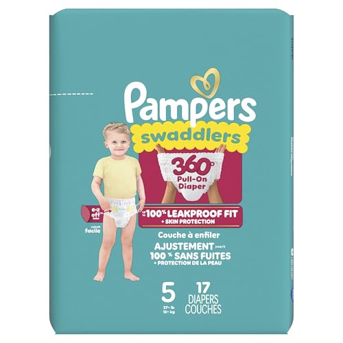 Pampers Diapers - Swaddlers 360° - Size 5, 17 Count, up to 100% Leakproof Comfy Dry Fit, Designed for Easy Changes, Pull On Baby Diaper