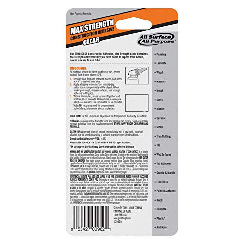 Gorilla Max Strength Construction Adhesive, Clear Glue, 2.5 Ounce Squeeze Tube (Pack of 1) - Gap Filling and Waterproof