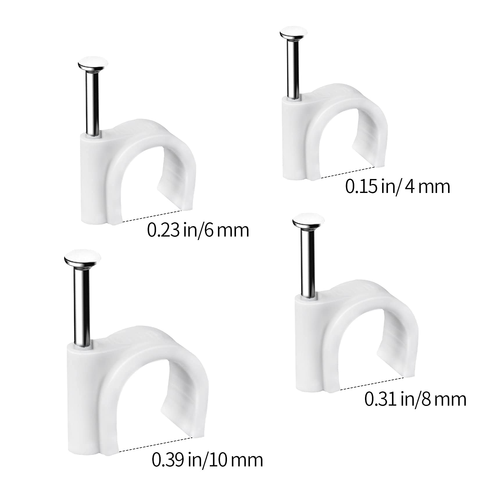 Abnii Cable Clips, 400 Pcs, 4mm 6mm 8mm 10mm, Wire Wall Clips with Steel Nails, Ethernet Cable Clips, Cable Tacks Coax Cable Clips, RG6 RG59 CAT6 RJ45 Cable Cord Clips, White…