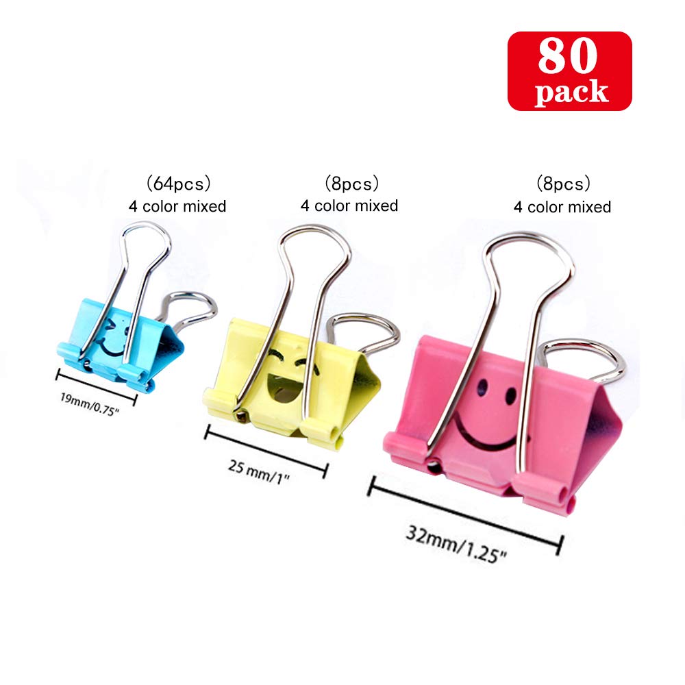 【80pack】 Binder Clips, Limque Paper Clips,Paper Clamps with Colored Cute Hollow Smiling Face,80 Pcs Assorted Size Clip, for Office,Teacher Gifts and Kitchen