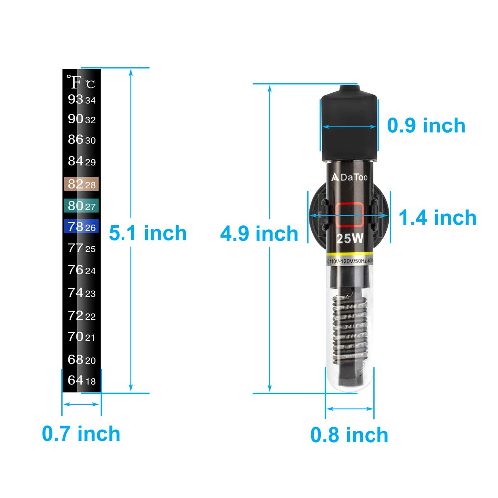 DaToo Mini Aquarium Heater 25W Small Fish Tank Heater 25 Watt with Free Thermometer Sticker