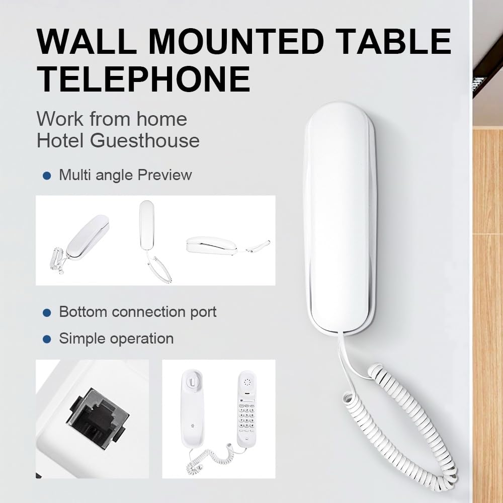 White OF-990 Slimline Telephone Wall-Mountable Basic Corded Telephone No AC Power Required, Corded Home Phone
