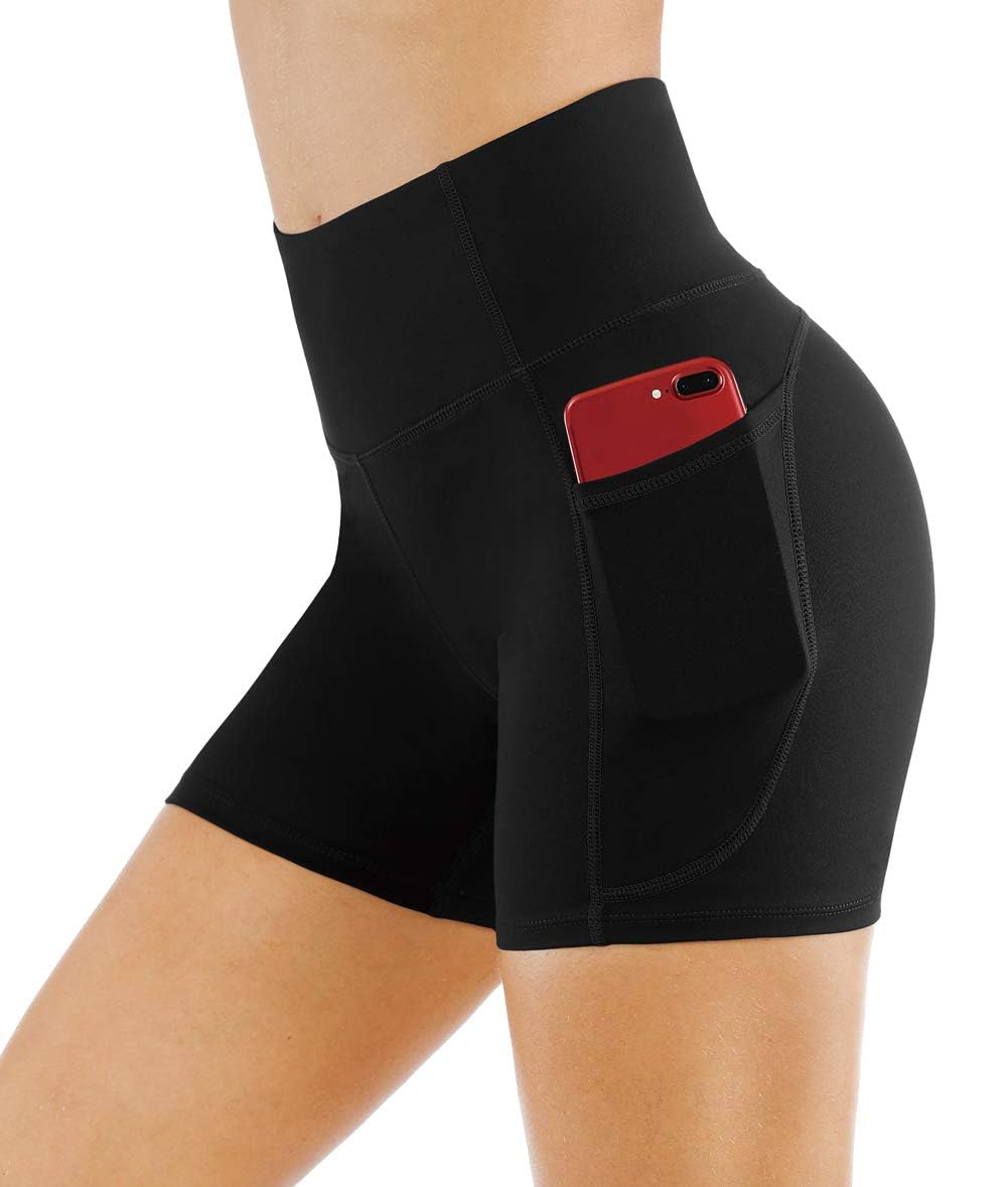 THE GYM PEOPLE High Waist Yoga Shorts for Women Tummy Control Fitness Athletic Workout Running Shorts with Deep Pockets (Medium, Black)