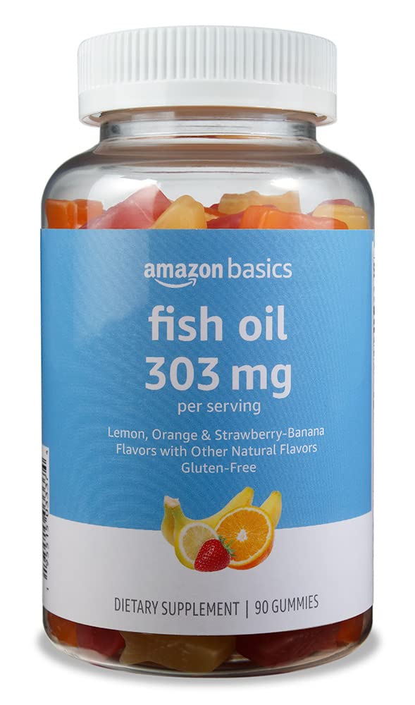 Basics Fish Oil 303 mg, Lemon, Orange & Strawberry-Banana flavors, 90 Gummies (2 per Serving), EPA and DHA Omega-3 fatty acids (Previously Solimo)