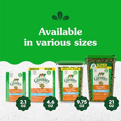 Greenies Feline Adult Dental Cat Treats, Oven Roasted Chicken Flavor, 9.75 oz. Tub