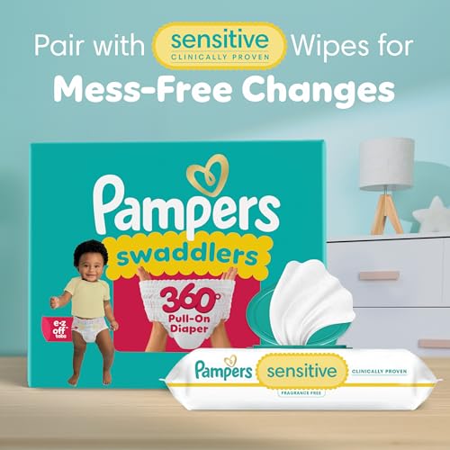Pampers Diapers - Swaddlers 360° - Size 5, 116 Count, up to 100% Leakproof Comfy Dry Fit, Designed for Easy Changes, Pull On Baby Diaper (Packaging May Vary)