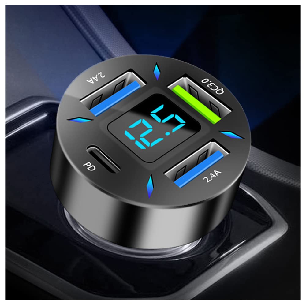 شاحن سيارة شحن فائق السرعة 66 واط مع USB PD&QC 3.0 (فولتميتر ومصابيح LED) شحن سريع عالمي لمقبس ولاعة سجائر السيارة 12-24 فولت، متوافق مع ايفون 14 13 12، S22 S21 S20، ايباد (أسود)