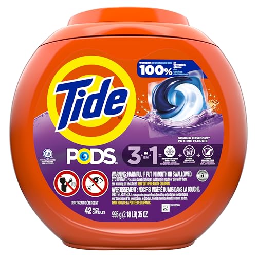 Tide PODS Laundry Detergent Pacs, 3-in-1 Stain Remover, Odor Fighter, Color Protector, 42 Count, HE compatible, Spring Meadow Scent (Packaging May Vary)