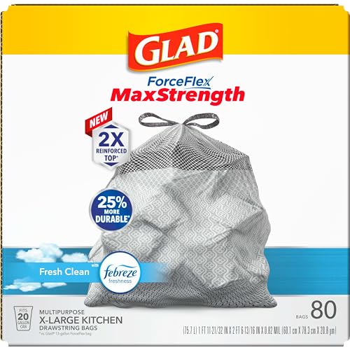 Glad ForceFlex MaxStrength Kitchen Trash Bags, 20 Gal, Fresh Clean Febreze, 80 Ct (Package May Vary)