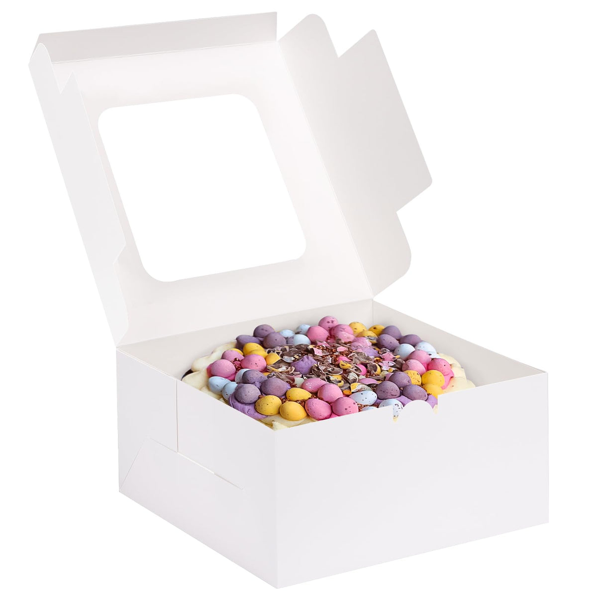Moretoes 24 Stück Kuchenkartons, 25 x 25 x 12,7 cm, weiße quadratische Backwarenschachteln mit Fenster Cajas Pasteles für Kuchen, Muttertag, Gebäck, Pralinen, Kekse, Kuchen, Geburtstagsparty, Hochzeit
