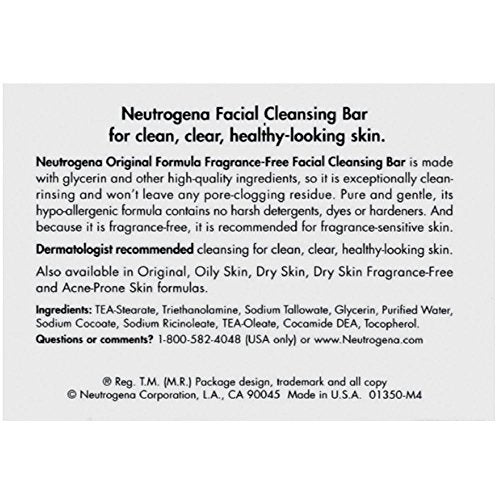 Neutrogena Original Fragrance-Free Facial Cleansing Bar with Glycerin, Pure & Transparent Gentle Face Wash Bar Soap, Free of Harsh Detergents, Dyes & Hardeners, 3.5 oz