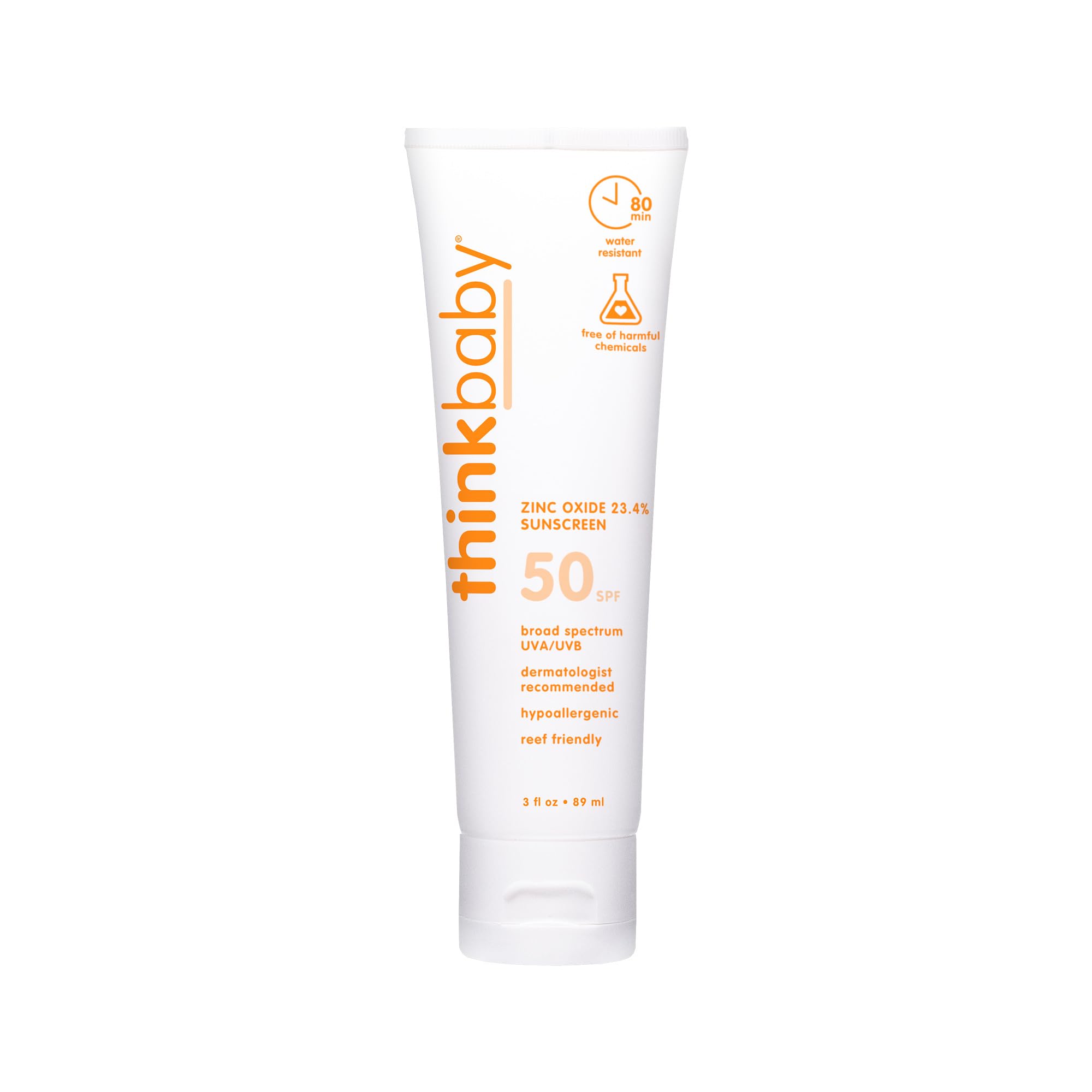 واقي شمسي معدني للأطفال بعامل حماية SPF 50+ من ثينك بيبي - واقي شمسي آمن وطبيعي للأطفال - كريم شمسي مقاوم للماء - حماية واسعة النطاق من الأشعة فوق البنفسجية فئة A و B - لوشن واقي شمسي نباتي للأطفال، 3 أوقية.