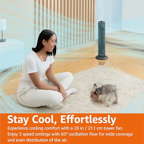 Amazon Basics 28" 60-Degree Oscillating Tower Fan for Bedroom, Living Room, Office, With 3 Speeds, Intuitive Mechanical Control, Black, 35W, 27.8"H x 9.4"D x 9.4"W