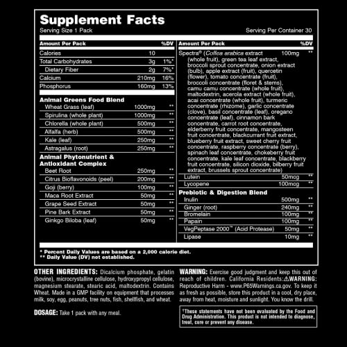 Animal Daily Greens Pill Packs - Kale, Wheat Grass, Alfalfa & More - Convenient Prebiotic and Probiotic Superfood Blend for Superior Digestion, Gut Health, and Immunity For Men & Women - 30 Day Supply