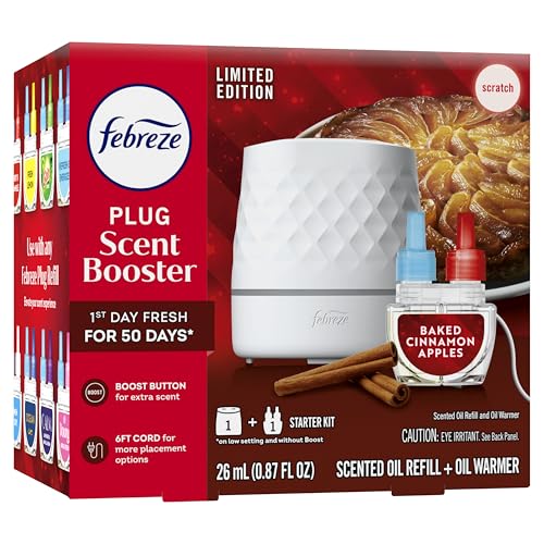 Febreze Plug Scent Booster Starter Kit, Oil Diffuser, Air Freshener Plug in, Continuous Scent, 2 Devices + 2 Baked Cinnamon Apple Refill
