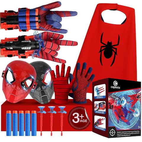 Superhero Web-Slinging Toy Set - 7-in-1 Superhero Set Includes 2 Web Shooters, 2 Hero Masks, 2 Gloves, and 1 Cape - Ideal for Indoor and Outdoor Costume Role-Playing, Imaginative Play for Kids Ages 3+