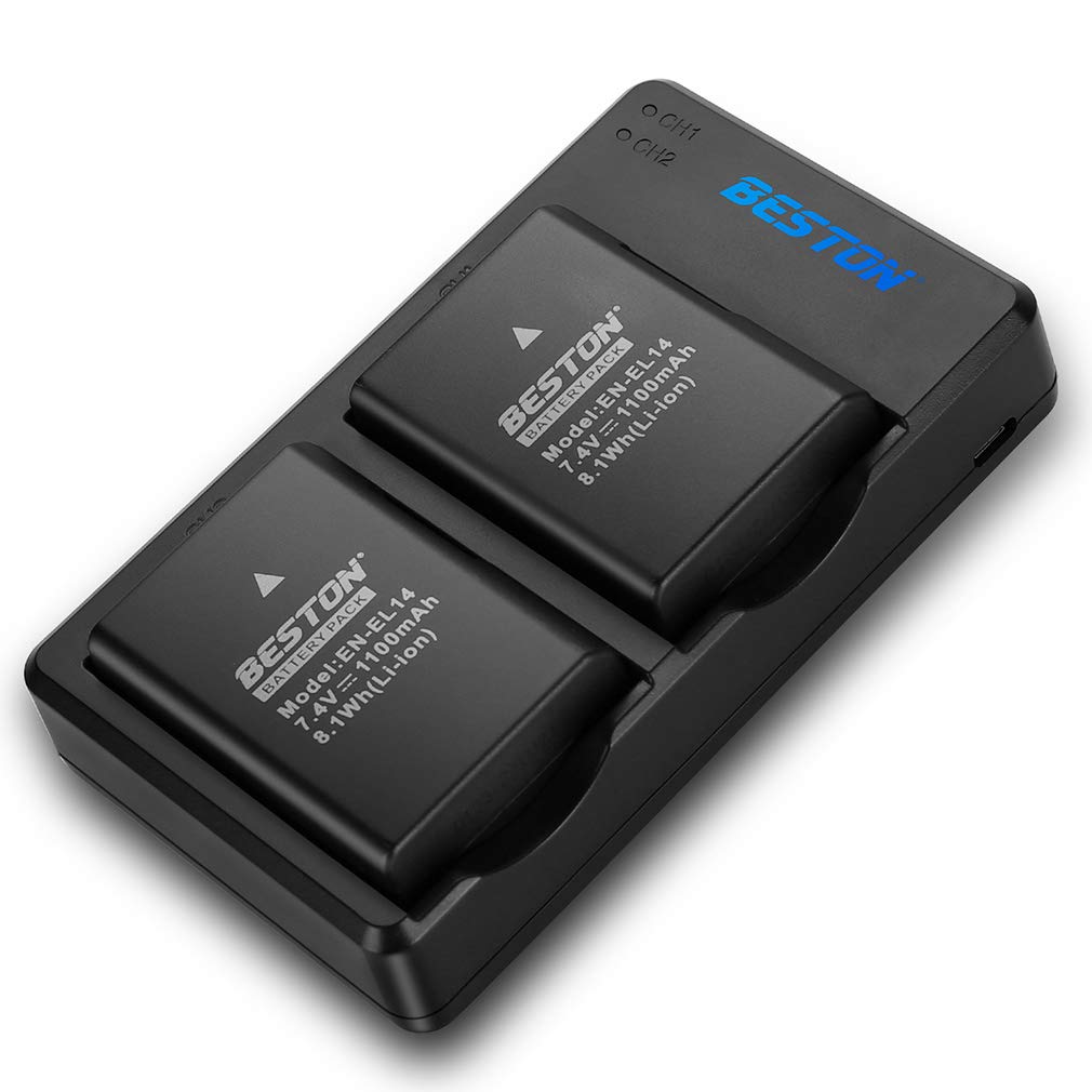 BESTON 2-Pack EN-EL14 / EN-EL14a Battery Packs and Rapid USB Charger Compatible with Nikon D3100 D3200 D3300 D3400 D3500 D5100 D5200 D5300 D5500 D5600 DF Coolpix P7000 P7100 P7700 P7800 Cameras