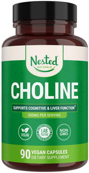 Nested Naturals Choline Bitartrate 500mg - High Potency Choline Supplements - Supports Cognitive Performance & Liver Function - 100% Vegan & Non-GMO Choline - 90 Vegan Capsules