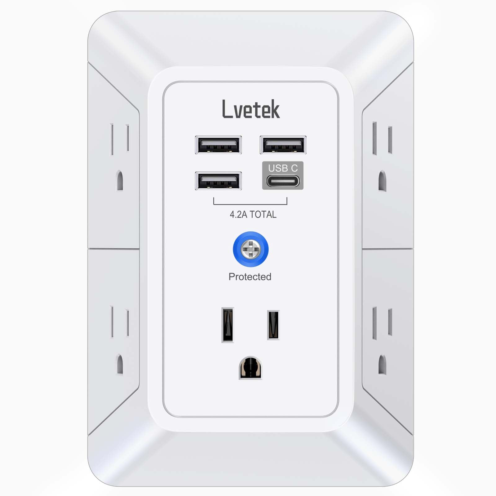 5 Outlet Extender Multi Plug Wall Outlets with 4 USB Charging Ports (1 USB C Outlet), 3 Sided 1680J Surge Protector Power Strip USB Wall Charger for Home, Office, Travel, ETL Listed, White