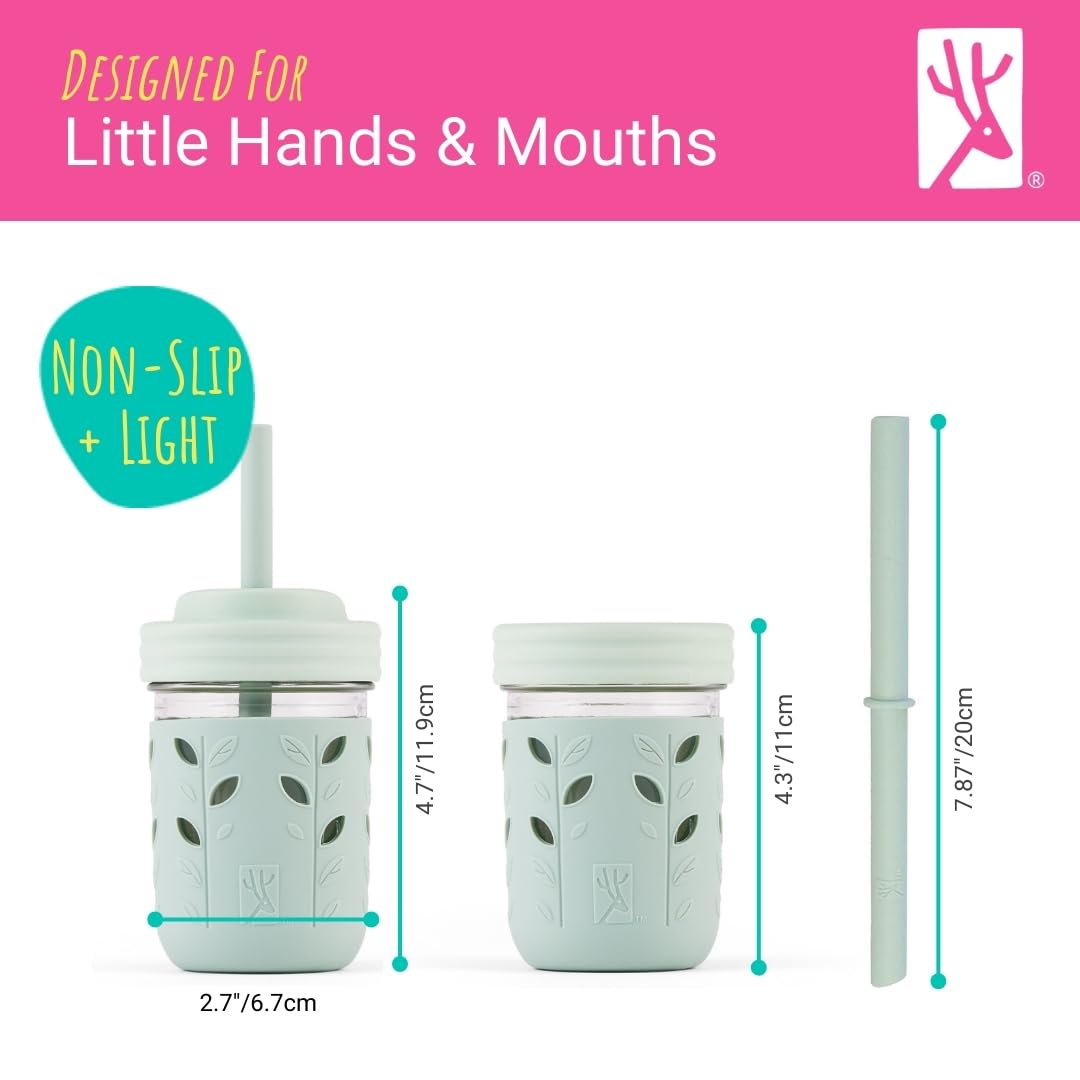 Elk and Friends Kids & Toddler Cups | The Original Glass Mason jars 8 oz with Silicone Straws with Stoppers | Smoothie Cups | Spill Proof Sippy Cups for Toddlers | 4 Pack