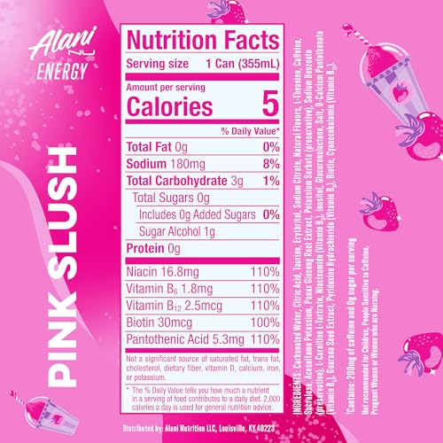 Alani Nu PINK SLUSH, Sugar Free, Low Calorie Energy Drinks, 200mg Caffeine, Biotin, B Vitamins, Zero Sugar, 10 Calories, 12 Fl Oz Cans, 12 Pack