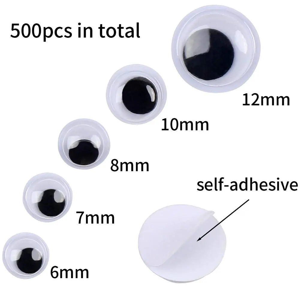 DECORA 500 Pieces 6mm -12mm Black Wiggle Googly Eyes with Self-Adhesive Backs for DIY Crafts Doll Making Sewing Supplies