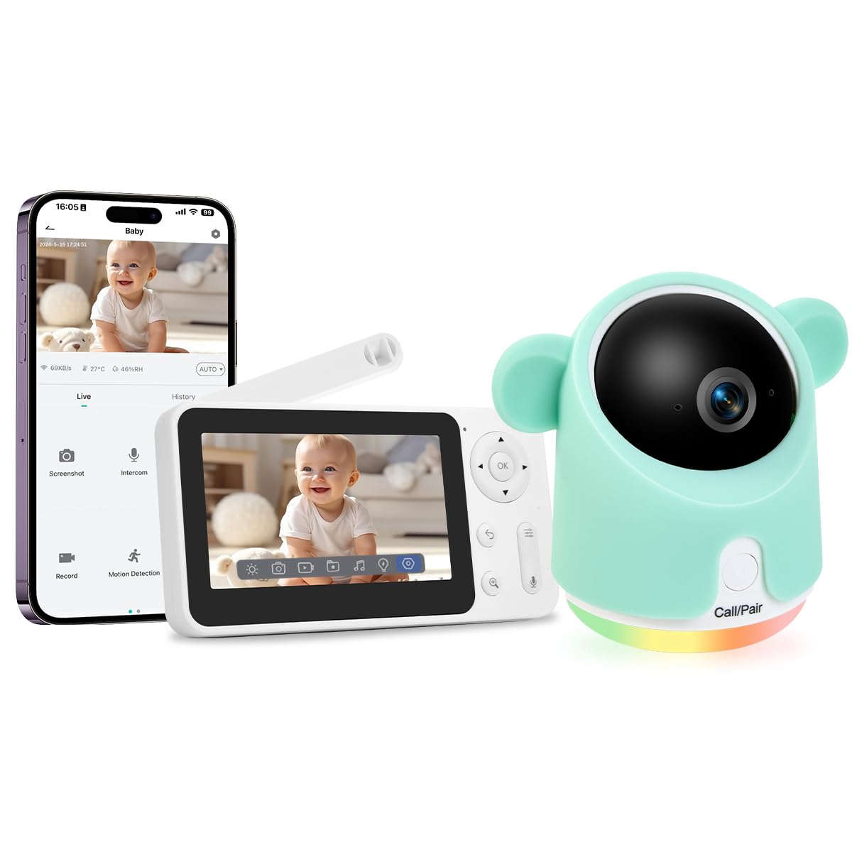 شاشة مراقبة الأطفال بكاميرا وصوت، شاشة مراقبة الأطفال بدقة 1080P تعمل بالواي فاي مع تطبيق تحكم بالهاتف الذكي ورؤية ليلية وشاشة بحجم 4.3 بوصة ومحادثة ثنائية الاتجاه ومستشعر درجة الحرارة والرطوبة وأغاني تهويدة وكشف الحركة والبكاء لنظامي iOS/Android