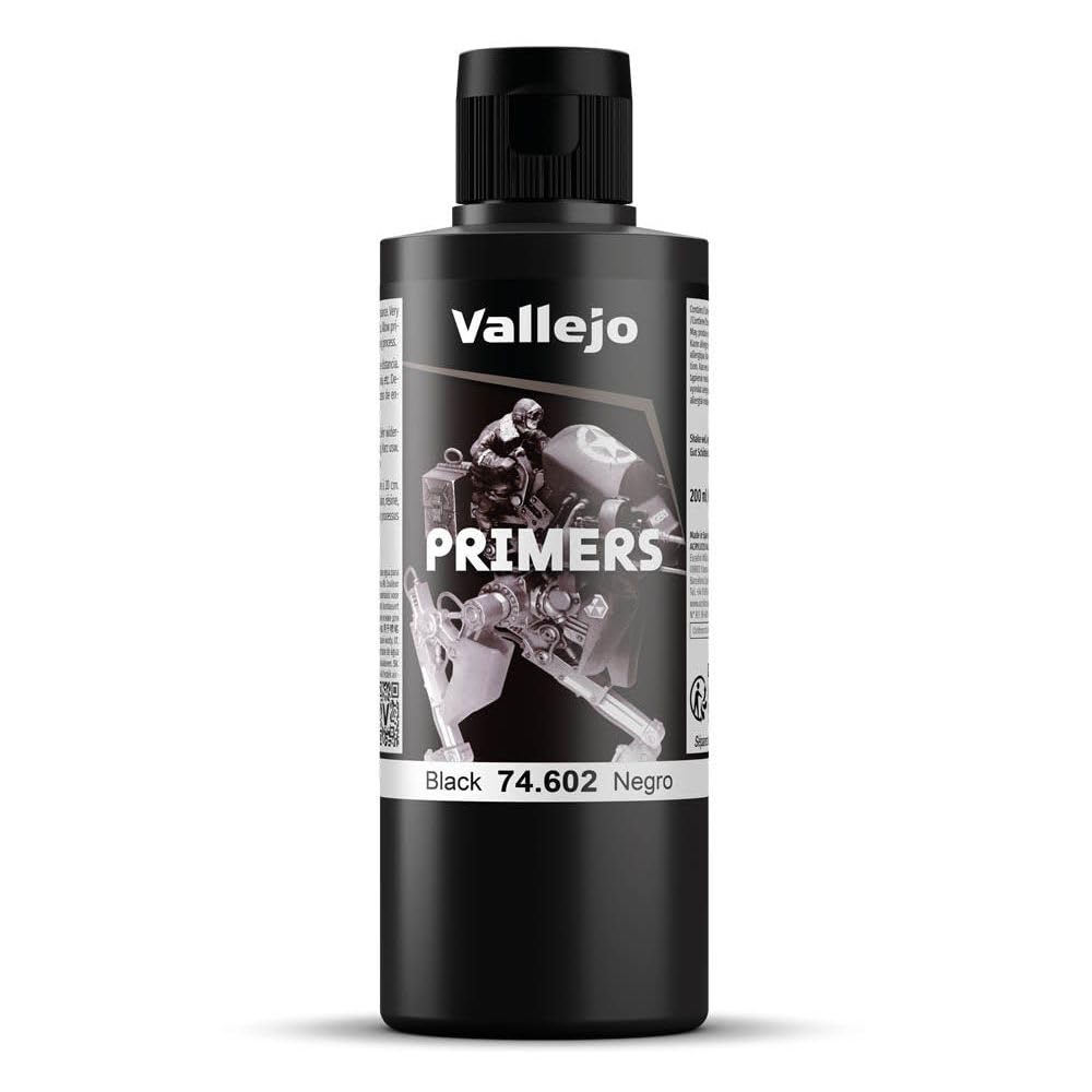 Vallejo - Surface Primer Color | Black Acrylic Primer 200 ml (6.76 fl.oz.) | Matte Finish and Fast Drying | Perfect for Airbrushing and Great Adhesion to Figurines and Scale Models