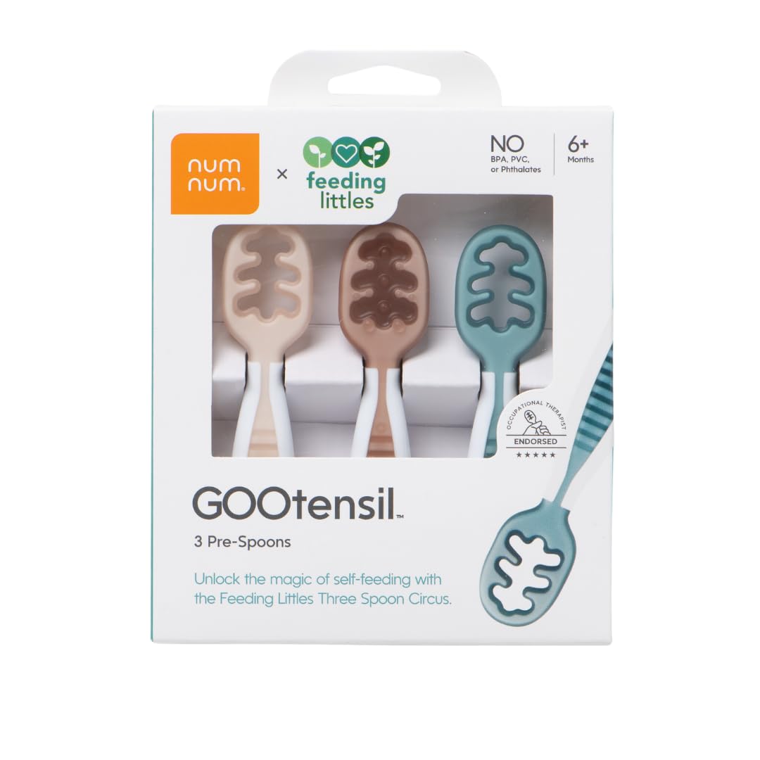 NumNum Baby Spoons Set, Feeding Littles x Silicone Pre-Spoon GOOtensils for Baby Led Weaning, Self-Feeding & Teething, First Stage Toddler Utensils for Ages 6+ Months, 3-Pack, BPA-Free (Neutrals)