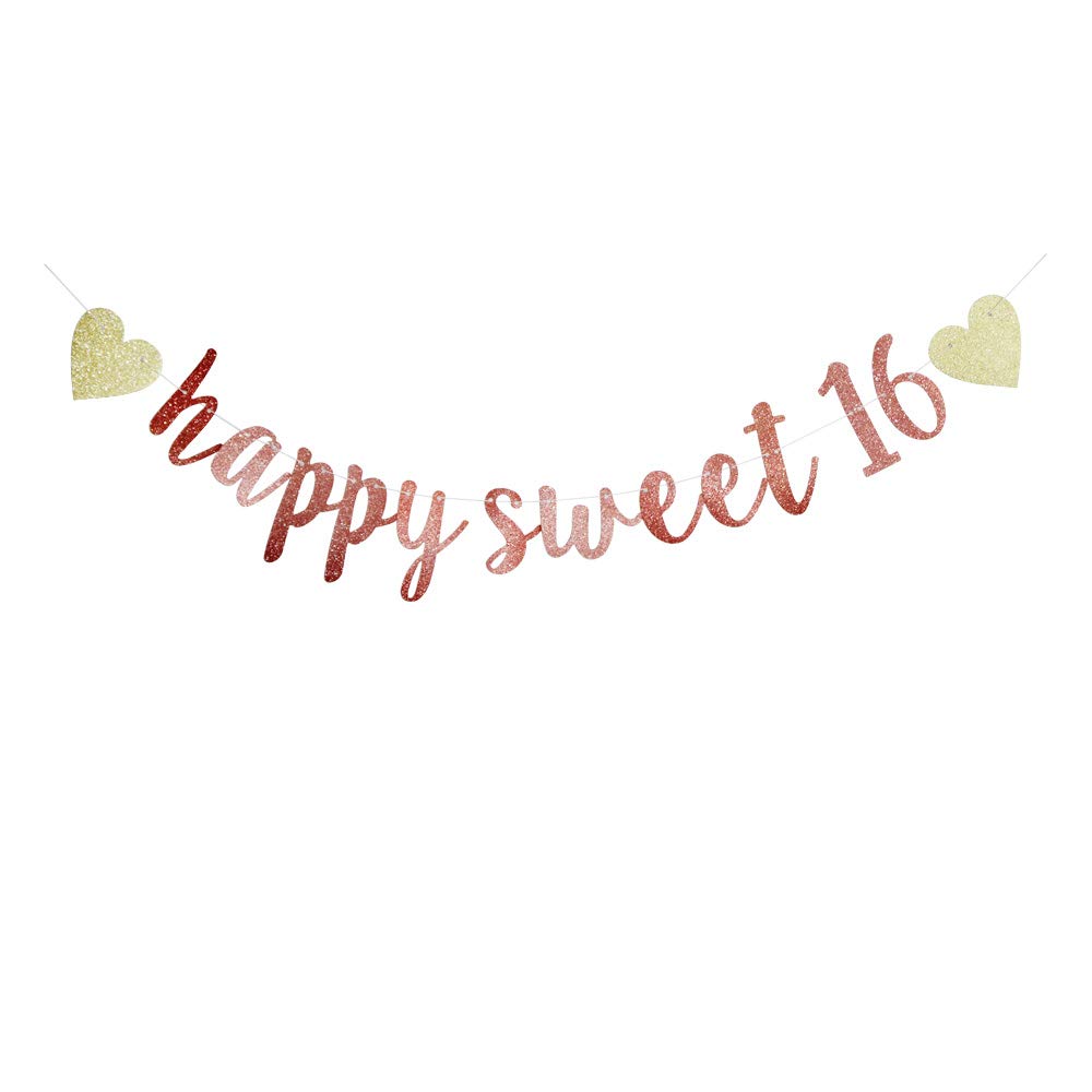 Happy Sweet 16 Banner, 16th Birthday Party Sign, Sweet Sixteen Party Supplies (Pink)